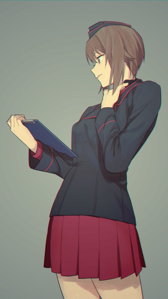 1girl, bangs, black_hat, black_jacket, brown_eyes, brown_hair, clipboard, commentary