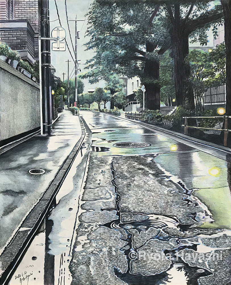 clouds, cloudy_sky, colored_pencil_(medium), commentary, dated, hayashi_ryouta, house, manhole