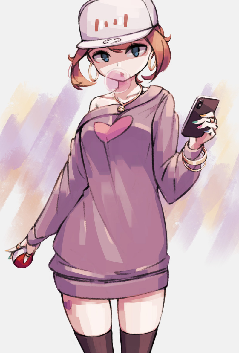 1girl, allen_(makaroll), baseball_cap, blue_eyes, bubble_blowing, chewing_gum, earrings, hair