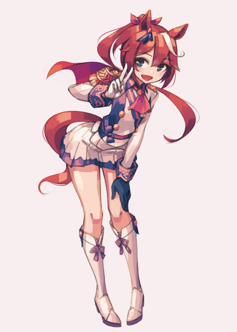 1girl, allen_(makaroll), animal_ears, bangs, blue_eyes, boots, full_body, hair_between_eyes, hair_ornament, horse_ears, long_hair, long_sleeves, looking_at_viewer, miniskirt, multicolored_hair, open_mouth, pleated_skirt, ponytail, redhead, school_uniform, skirt, smile, tail, tokai_teio, umamusume, v