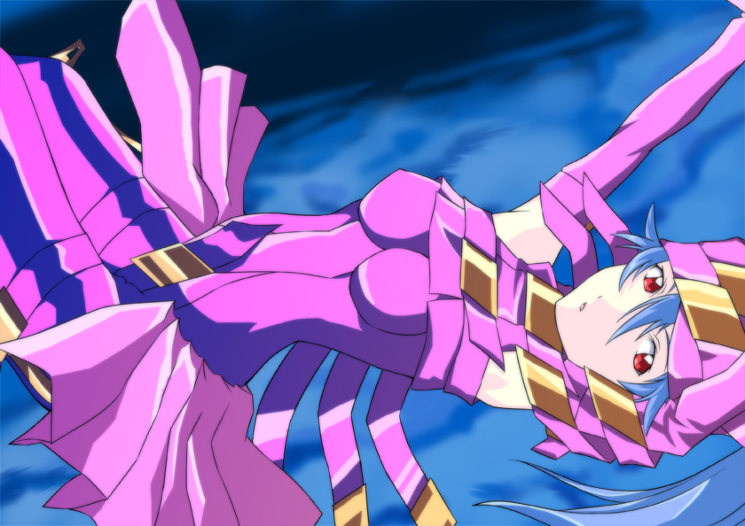 arms_up, bad_id, blue_hair, bodysuit, buckle, buckles, elbow_gloves, gloves