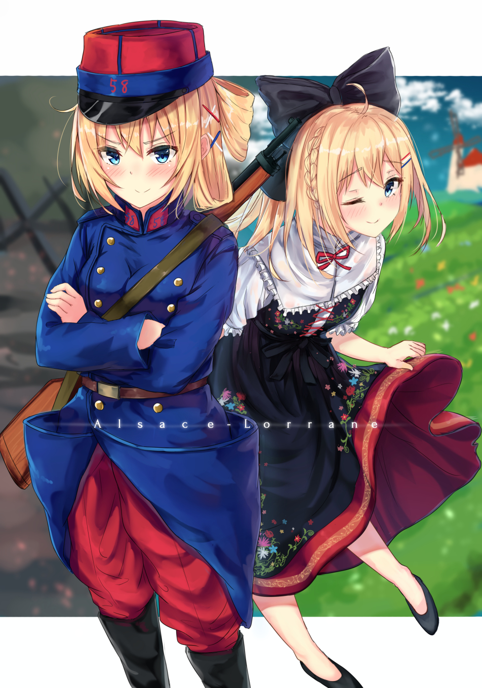 2girls, black_bow, blonde_hair, blue_eyes, blurry, blush, bolt_action, boots
