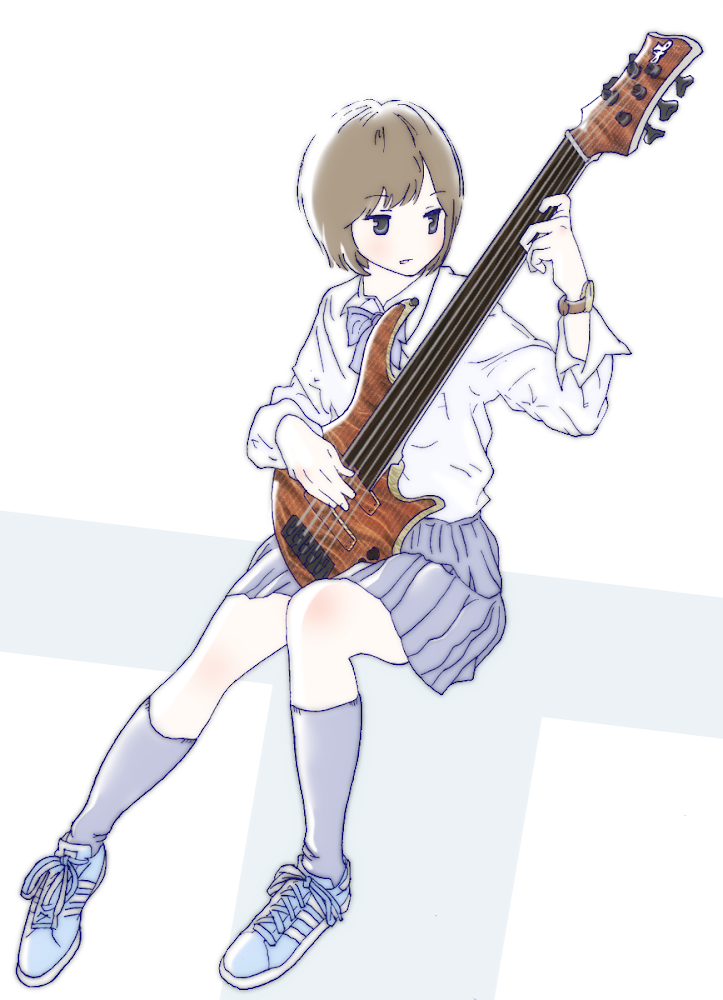 1girl, bass_guitar, blue_footwear, bow, brown_hair, full_body, grey_eyes, grey_legwear