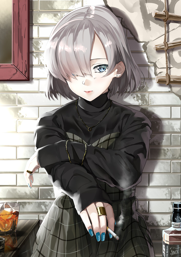 1girl, alcohol, bangs, blue_nails, bob_cut, bottle, cigarette, commentary