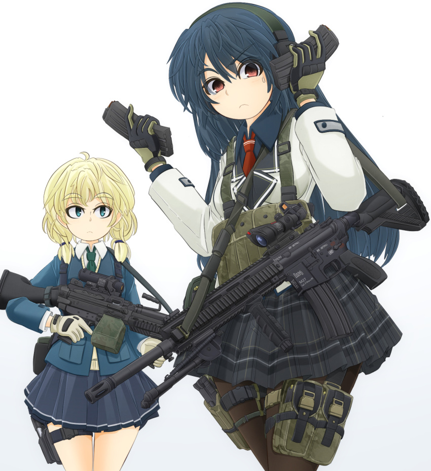 2girls, acog, aqua_eyes, assault_rifle, between_breasts, bipod, blonde_hair, blue_hair
