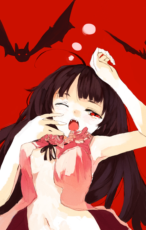 bat, bats, black_hair, breasts, fang, fangs, large_breasts, long_hair