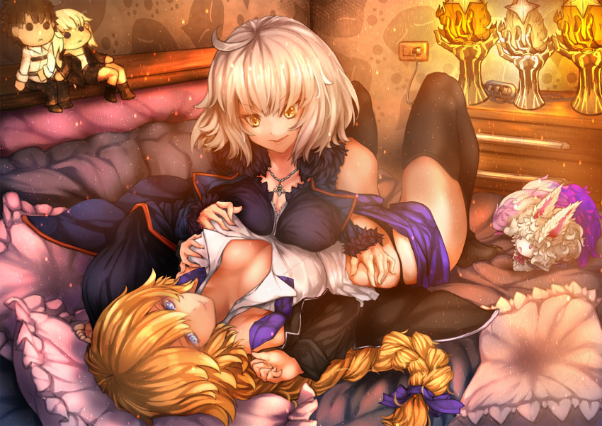 2girls, black_dress, black_legwear, black_panties, blonde_hair, blue_eyes, braid, breasts