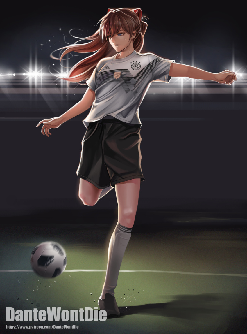 1girl, artist_name, ball, black_shorts, blue_eyes, brown_hair, chinese_commentary, commentary_request