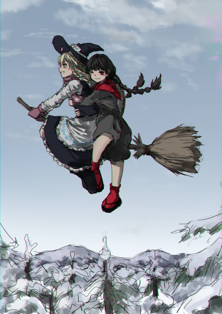 2girls, ajirogasa, black_hat, blonde_hair, blush, bow, braid, broom