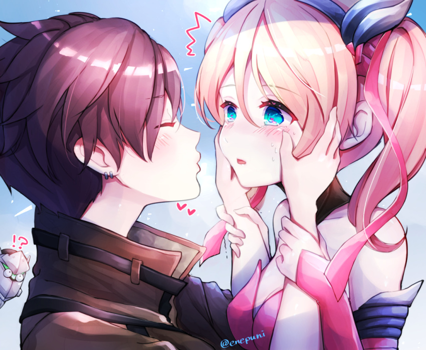 !?, /\/\/\, 2girls, blonde_hair, blue_eyes, brown_hair, closed_eyes, earrings