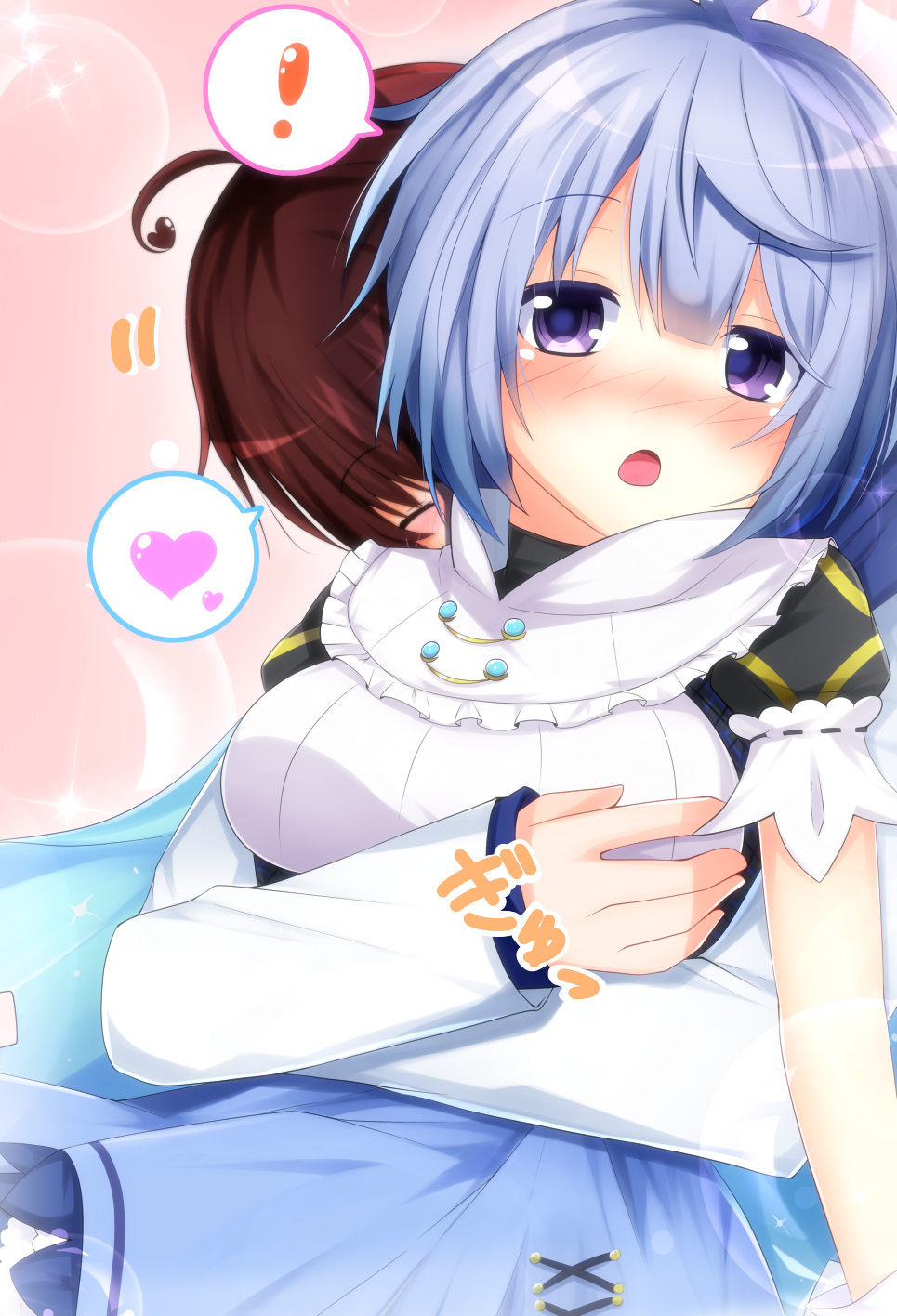 !, 1girl, blue_hair, blush, breasts, cleavage, flower_knight_girl, heart
