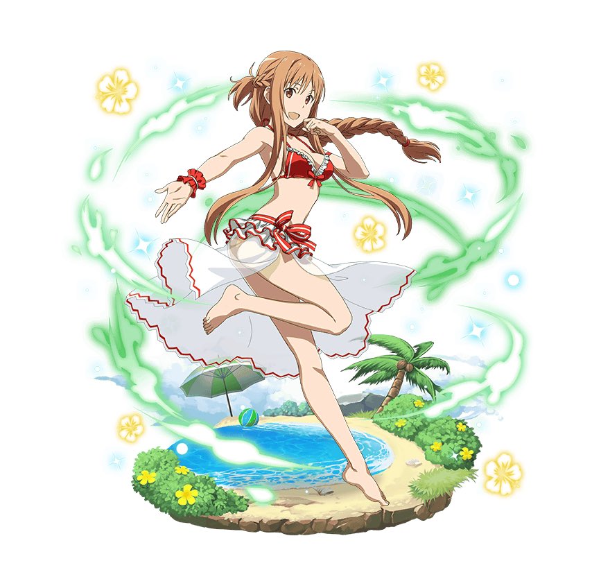 1girl, :d, asuna_(sao), ball, bangs, barefoot, beachball, bikini