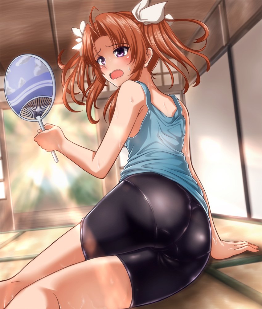 1girl, ahoge, alternate_costume, arm_support, bare_arms, bare_shoulders, bike_shorts, black_shorts