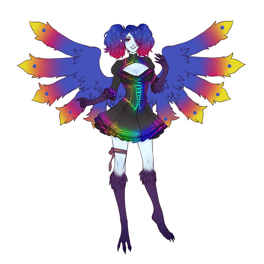 1girl, :d, absurdres, barefoot, black_dress, blue_hair, blue_skin, blue_wings