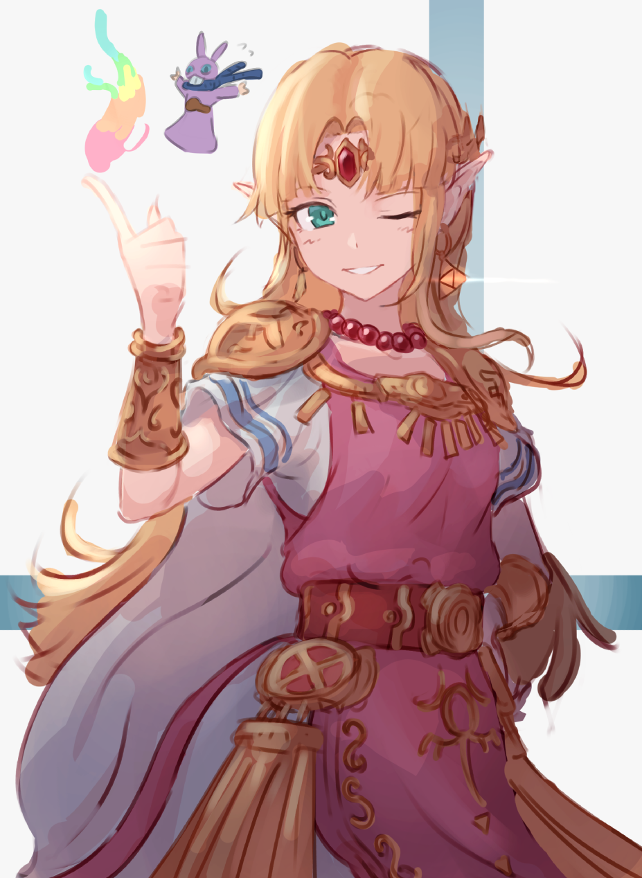 1girl, bangs, blonde_hair, blue_eyes, bracer, circlet, commentary, dress