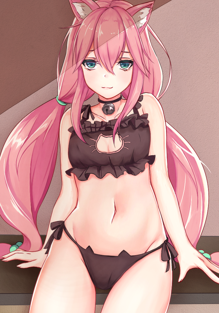 1girl, animal_ears, animal_print, bell, bell_choker, black_bra, black_choker, black_panties