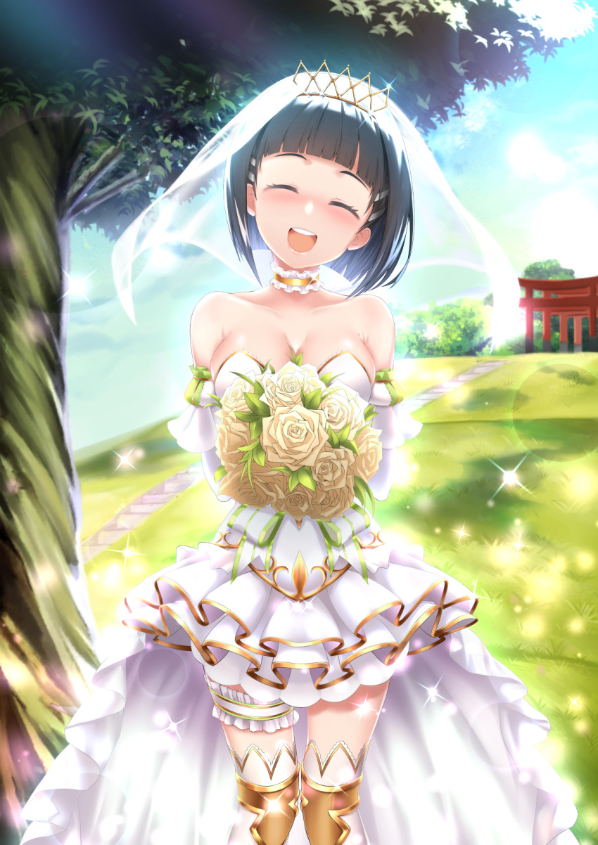 1girl, :d, ^_^, bangs, bare_shoulders, black_hair, blunt_bangs, blush
