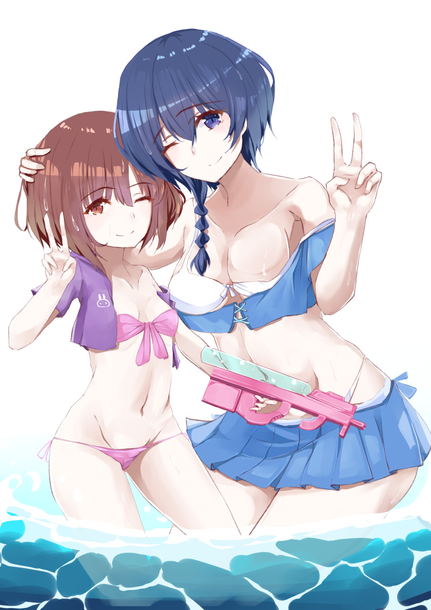 2girls, ;), absurdres, bangs, bikini, bikini_skirt, black_hair, blue_eyes
