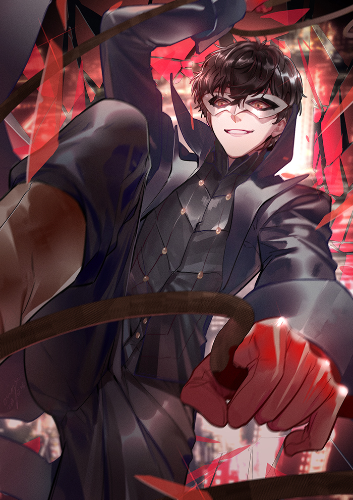 1boy, amamiya_ren, black_hair, ichi_yasushi, jacket, looking_at_viewer, male_focus, mask