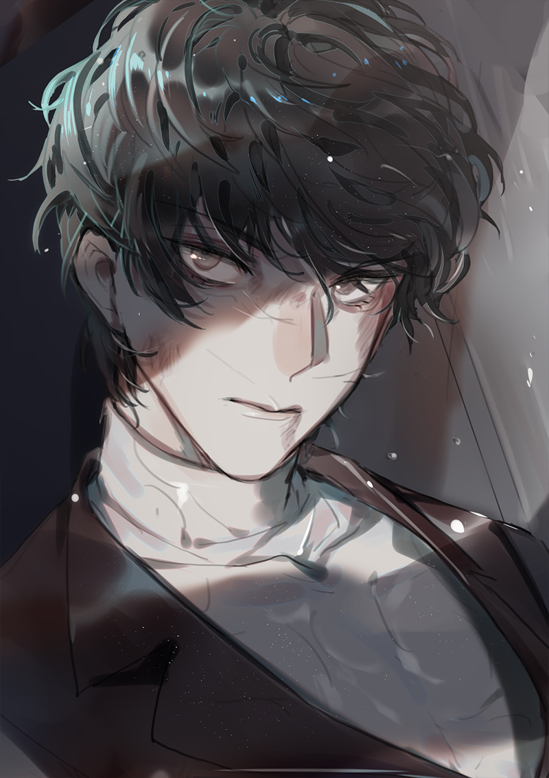 1boy, amamiya_ren, black_hair, bruise, ichi_yasushi, injury, jacket, looking_at_viewer
