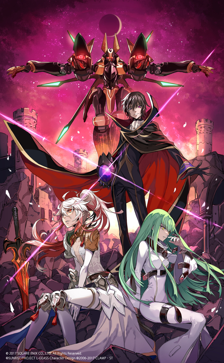 1boy, 2girls, back, black_gloves, breasts, c.c., castle, code_geass, deanna_arkfell, gloves, green_hair, headwear_removed, helmet, helmet_removed, highres, lelouch_lamperouge, long_hair, looking_at_viewer, mecha, multiple_girls, pauldrons, pokimari, ponytail, red_eyes, ruins, servant_of_thrones, sitting, smile, straitjacket, sword, violet_eyes, weapon, white_hair, yellow_eyes