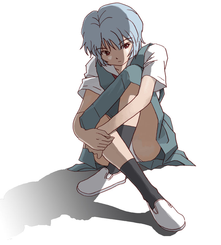 arms_around_legs, blue_hair, crossed_legs, knee_hug, leg_hug, legs_crossed, neon_genesis_evangelion, red_eyes, school_uniform, short_hair, sitting