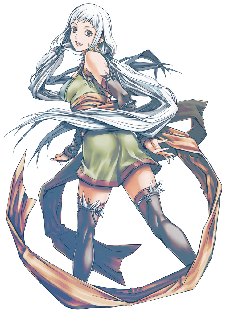 1girl, ass, breasts, commentary_request, detached_sleeves, ei_(fran3bon), gensou_suikoden, gensou_suikoden_tierkreis, grey_hair, long_hair, marica_(suikoden_tierkreis), sideboob, solo, thigh-highs