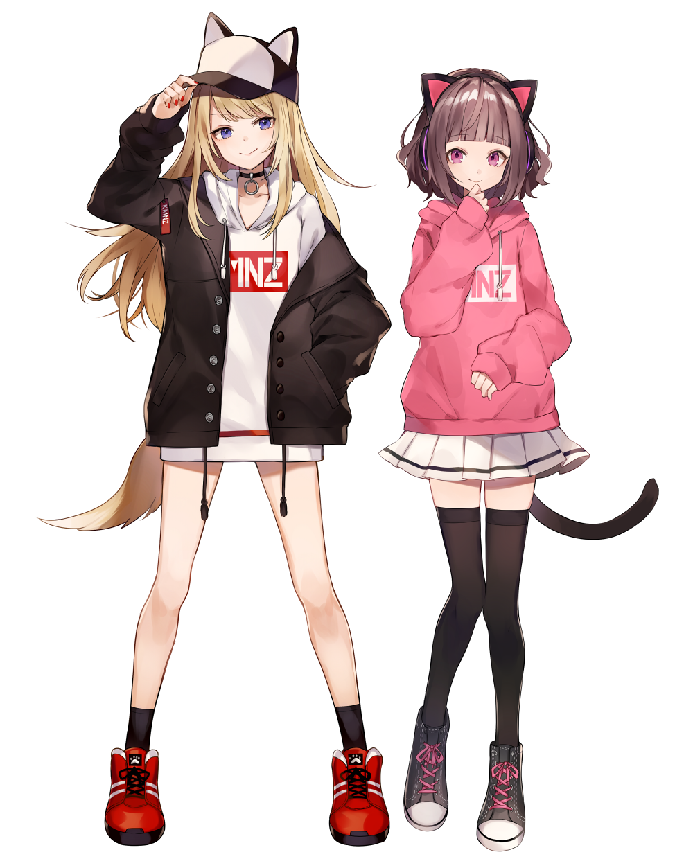 >:), 2girls, adjusting_clothes, adjusting_hat, animal_ears, animal_hat, bangs, baseball_cap, black_footwear, black_hair, black_jacket, black_legwear, blonde_hair, blue_eyes, blunt_bangs, cat_ear_headphones, cat_ears, cat_tail, choker, clothes_writing, dog_hat, dog_tail, drawstring, fake_animal_ears, fashion, full_body, hand_in_pocket, hand_to_own_mouth, hat, headphones, highres, hood, hood_down, jacket, kmnz_lita, kmnz_liz, kmnz_liz_(character), long_hair, long_sleeves, mc_lita, multiple_girls, nail_polish, pink_hoodie, pleated_skirt, red_eyes, red_footwear, red_nails, shoes, short_hair, shugao, simple_background, skirt, sleeves_past_wrists, sneakers, socks, standing, tail, thigh-highs, virtual_youtuber, white_background, white_hoodie, white_skirt