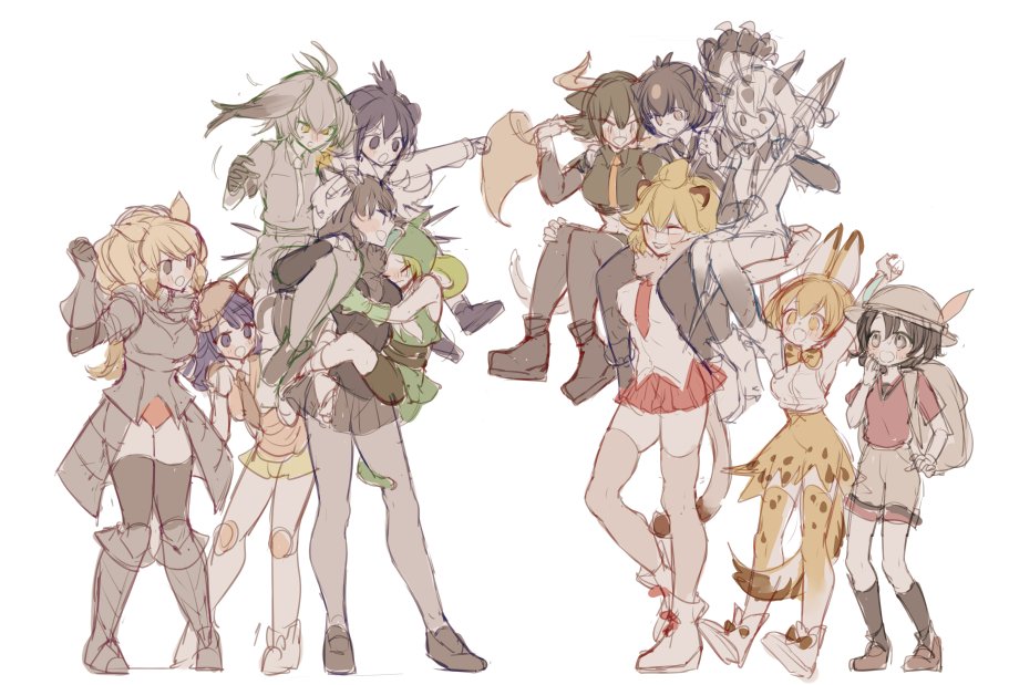 6+girls, animal_ears, antlers, arabian_oryx_(kemono_friends), armadillo_ears, armadillo_girl, armor, aurochs_(kemono_friends)