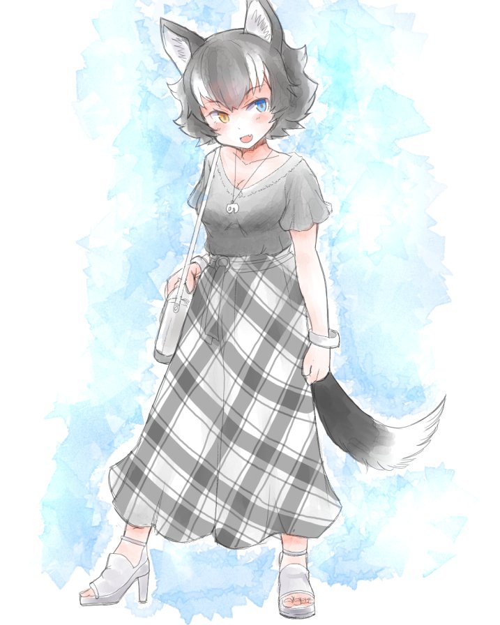 1girl, alternate_costume, alternate_hairstyle, animal_ears, bag, blue_eyes, blush, bracelet