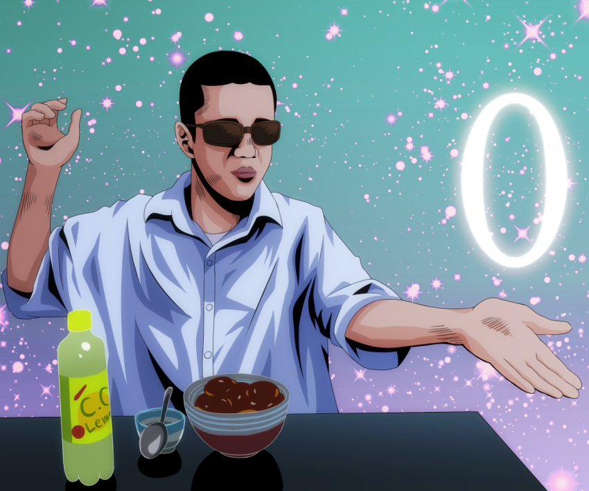 0, 1boy, black_hair, bowl, brown-framed_eyewear, buttons, character_request, closed_mouth