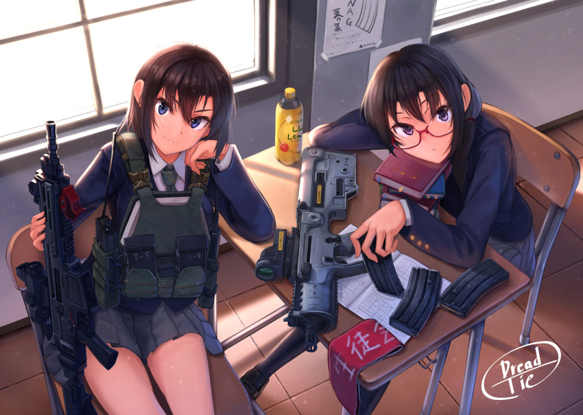 2girls, arm_support, armband, armband_removed, assault_rifle, bag, black_hair, blue_eyes