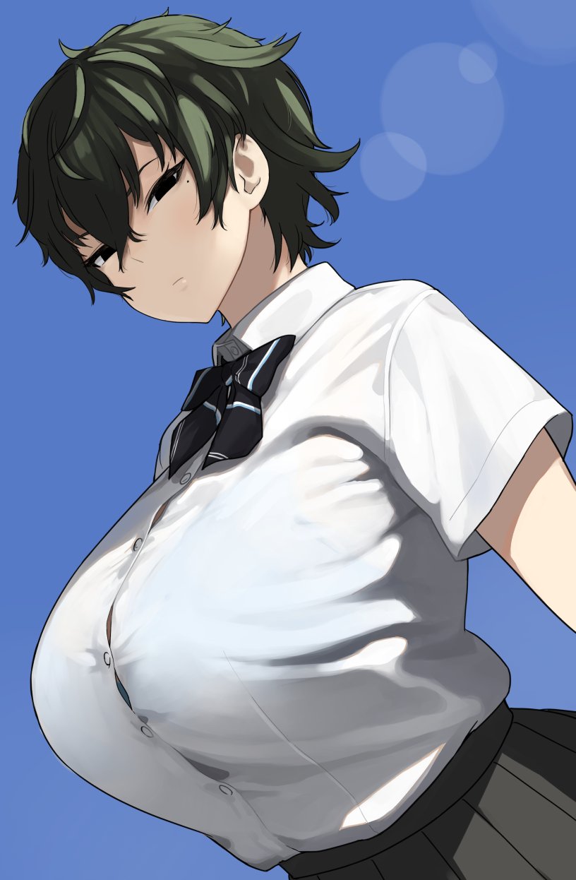 1girl, accio, black_eyes, black_hair, black_skirt, blue_background, bow, bowtie