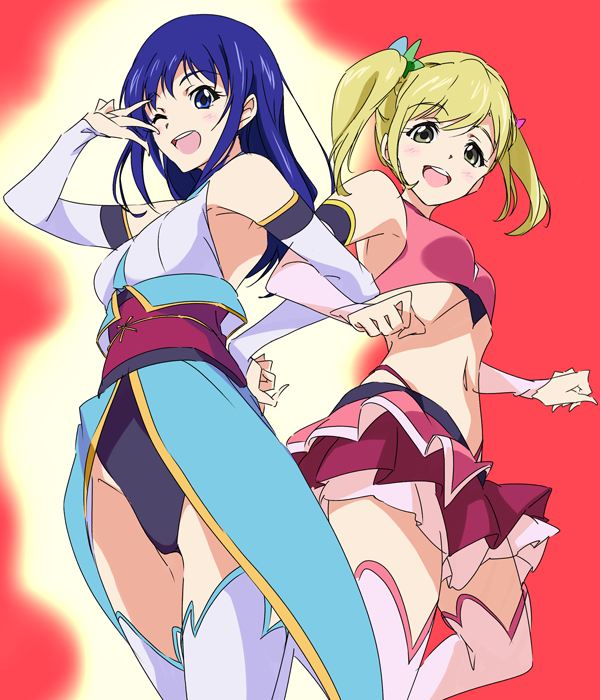 2girls, angel_rose, angel_rose_(cosplay), angel_sapphire, angel_sapphire_(cosplay), armpit_peek, blonde_hair, blue_eyes