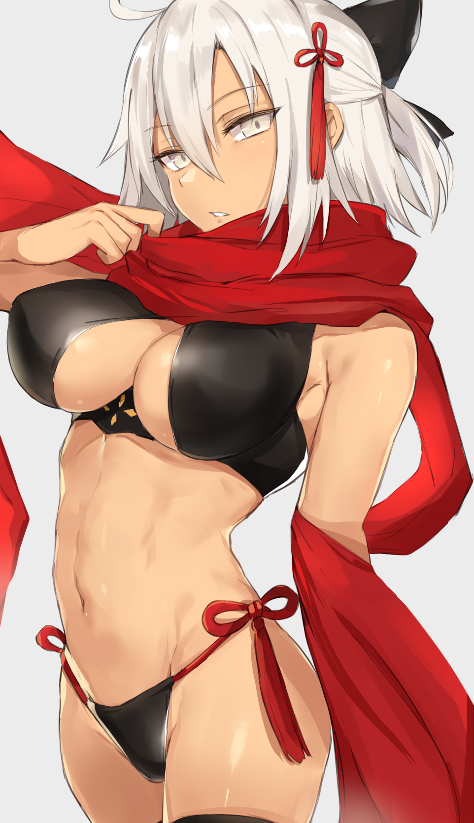 1girl, abs, ahoge, bangs, bare_shoulders, bikini, black_bikini, black_bow
