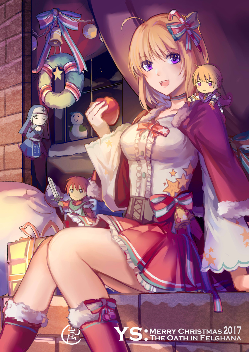 1girl, absurdres, adol_christin, ahoge, bell, blonde_hair, boots, box