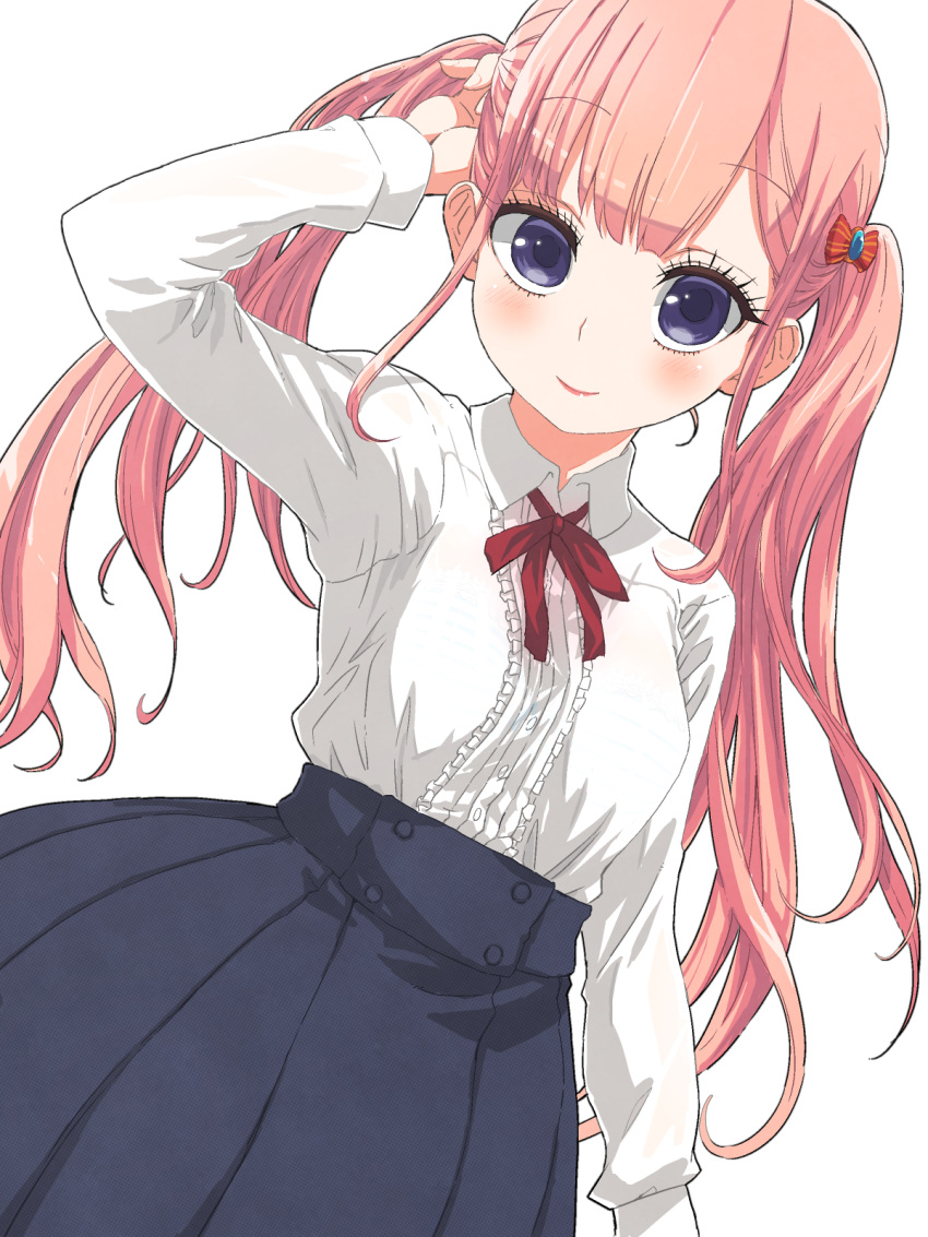 1girl, bangs, blue_skirt, blush, bow, center_frills, closed_mouth, collared_shirt