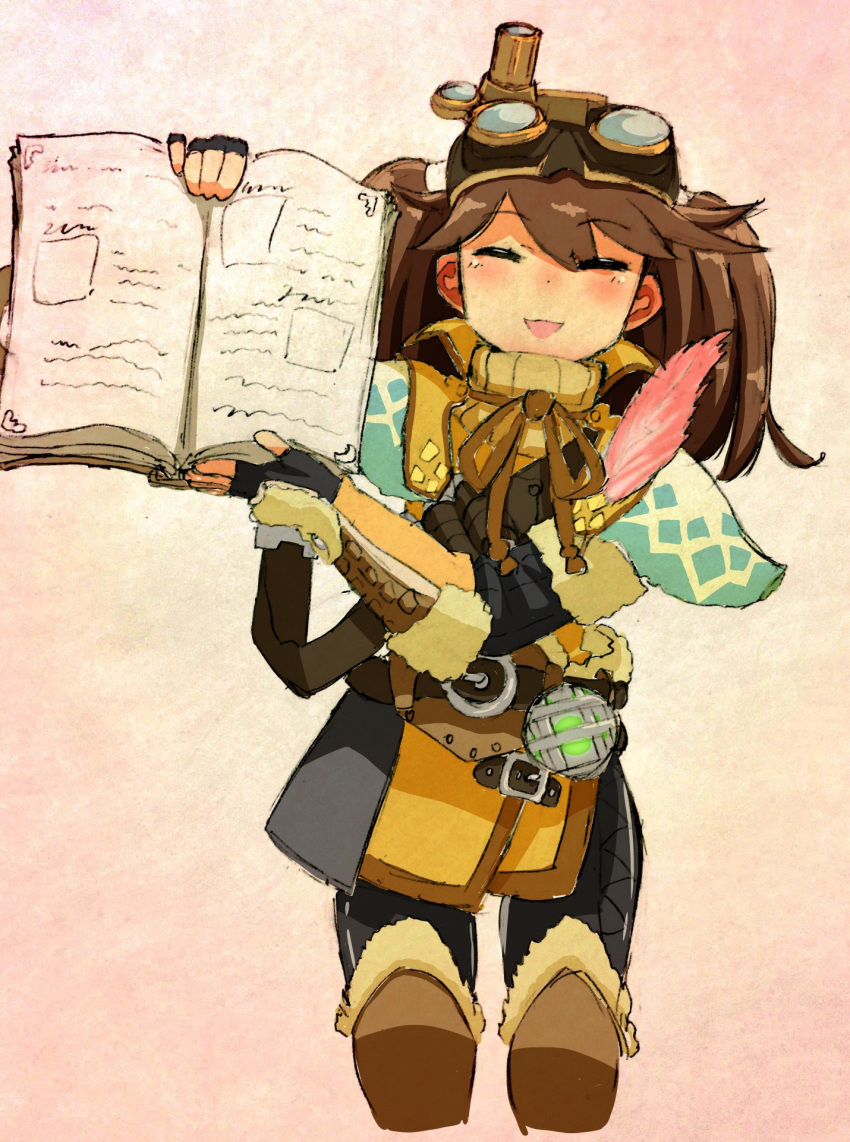 1girl, :d, book, brown_hair, closed_eyes, commentary_request, cosplay, cowboy_shot