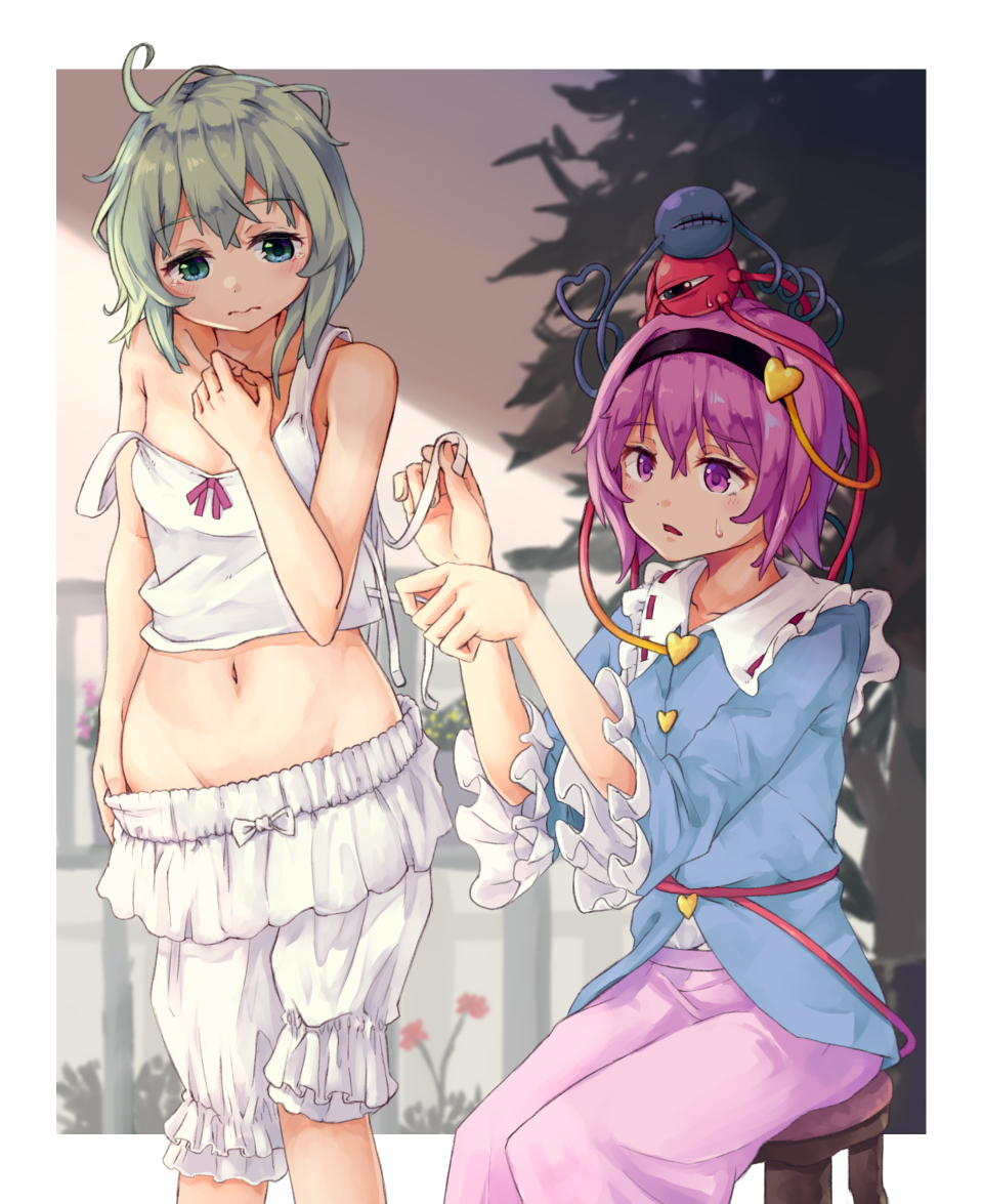2girls, ahoge, bangs, bare_arms, bare_shoulders, bloomers, blouse, blue_blouse