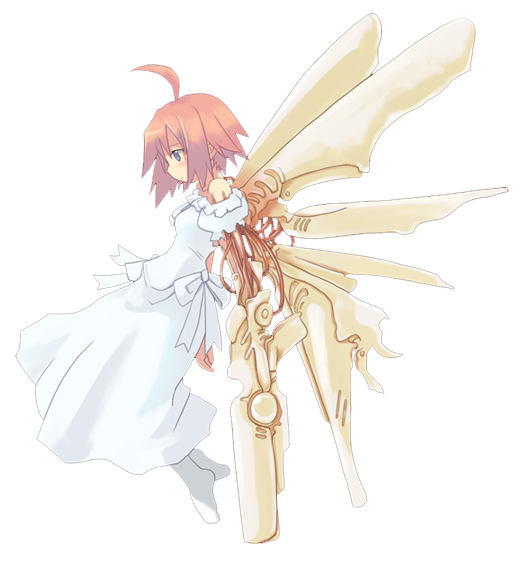 bare_shoulders, blue_eyes, born_freaks, born_freaks!, crossover, dress, mechanical_wings, pink_hair, saikano, shibano_kaito, short_hair, transparent_background, transparent_png, uracil, weapon, wings