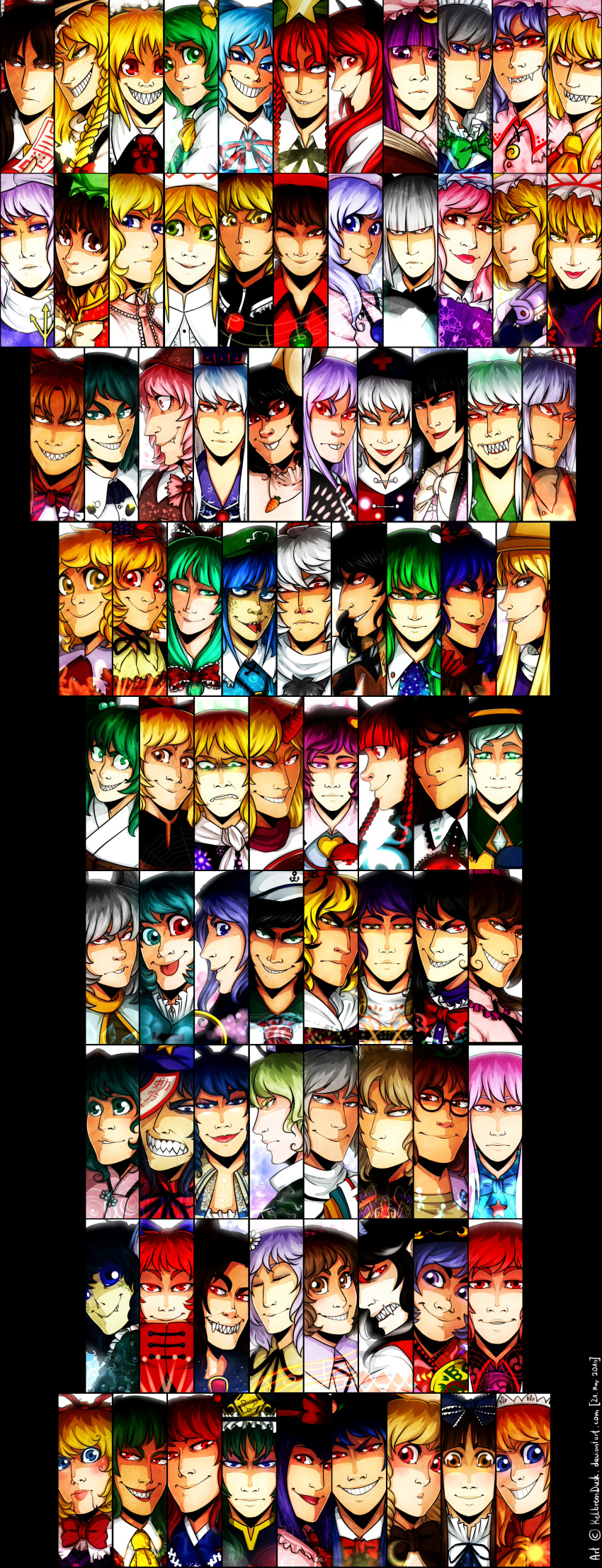 6+girls, absurdres, aki_minoriko, aki_shizuha, alice_margatroid, almost_everyone, bangs, blonde_hair, blush, brown_hair, chen, cirno, daiyousei, double_dealing_character, double_spoiler, ex-keine, expressionless, flandre_scarlet, fujiwara_no_mokou, futatsuiwa_mamizou, glasses, hair_ornament, hakurei_reimu, hat, hata_no_kokoro, highres, hijiri_byakuren, himekaidou_hatate, hinanawi_tenshi, hong_meiling, hopeless_masquerade, horikawa_raiko, horns, hoshiguma_yuugi, houjuu_nue, houraisan_kaguya, ibuki_suika, imaizumi_kagerou, immaterial_and_missing_power, imperishable_night, inaba_tewi, inubashiri_momiji, izayoi_sakuya, kaenbyou_rin, kagiyama_hina, kaku_seiga, kamishirasawa_keine, kasodani_kyouko, kawashiro_nitori, kazami_yuuka, kelbremdusk, kijin_seija, kirisame_marisa, kisume, koakuma, kochiya_sanae, komeiji_koishi, komeiji_satori, konpaku_youmu, kumoi_ichirin, kurodani_yamame, letty_whiterock, lipstick, looking_at_viewer, luna_child, lunasa_prismriver, lyrica_prismriver, makeup, medicine_melancholy, merlin_prismriver, miyako_yoshika, mizuhashi_parsee, mononobe_no_futo, moriya_suwako, mountain_of_faith, multiple_girls, murasa_minamitsu, mystia_lorelei, nagae_iku, nazrin, onozuka_komachi, patchouli_knowledge, perfect_cherry_blossom, phantasmagoria_of_flower_view, reisen_udongein_inaba, reiuji_utsuho, remilia_scarlet, rumia, saigyouji_yuyuko, scarlet_weather_rhapsody, sekibanki, shameimaru_aya, sharp_teeth, shiki_eiki, short_hair, smile, smug, soga_no_tojiko, star_sapphire, subterranean_animism, sukuna_shinmyoumaru, sunny_milk, tagme, tatara_kogasa, teeth, ten_desires, the_embodiment_of_scarlet_devil, toramaru_shou, touhou, toyosatomimi_no_miko, tsukumo_benben, tsukumo_yatsuhashi, undefined_fantastic_object, wakasagihime, wriggle_nightbug, yagokoro_eirin, yakumo_yukari, yasaka_kanako, yousei_daisensou