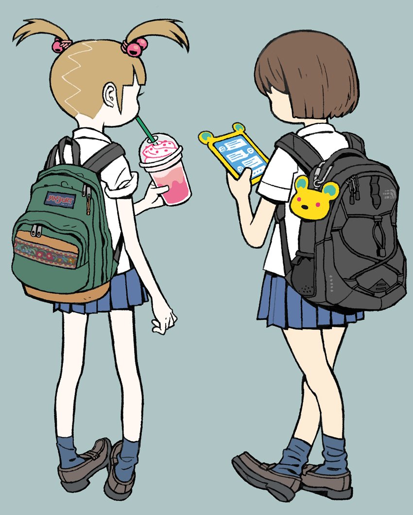 2girls, backpack, bag, bag_charm, bangs, blonde_hair, blunt_bangs, brown_hair