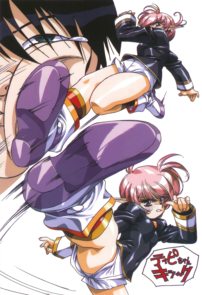 1boy, 1girl, grin, growlanser, growlanser_i, high_kick, jump_kick, kicking, long_sleeves, multiple_views, official_art, panties, panty_peek, pink_hair, pointy_ears, red_eyes, shiny, shiny_clothes, short_hair, short_shorts, shorts, simple_background, smile, tippi_(growlanser), underwear, urushihara_satoshi, white_background