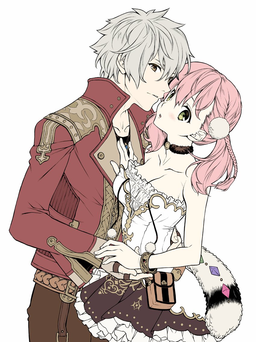 1boy, 1girl, :o, atelier, atelier_(series), atelier_escha_&amp;_logy, bare_shoulders, black_choker, black_skirt, blush, breasts, brown_pants, cleavage, commentary_request, couple, dress, escha_malier, frilled_skirt, frills, gem, green_eyes, grey_hair, hand_on_another's_chest, hetero, imminent_kiss, jacket, jewelry, logix_ficsario, long_hair, looking_at_viewer, medium_breasts, neck, necklace, pants, pink_hair, pom_pom_(clothes), red_jacket, short_hair, skirt, standing, strapless, strapless_dress, white_dress, yuuki_mitsuru