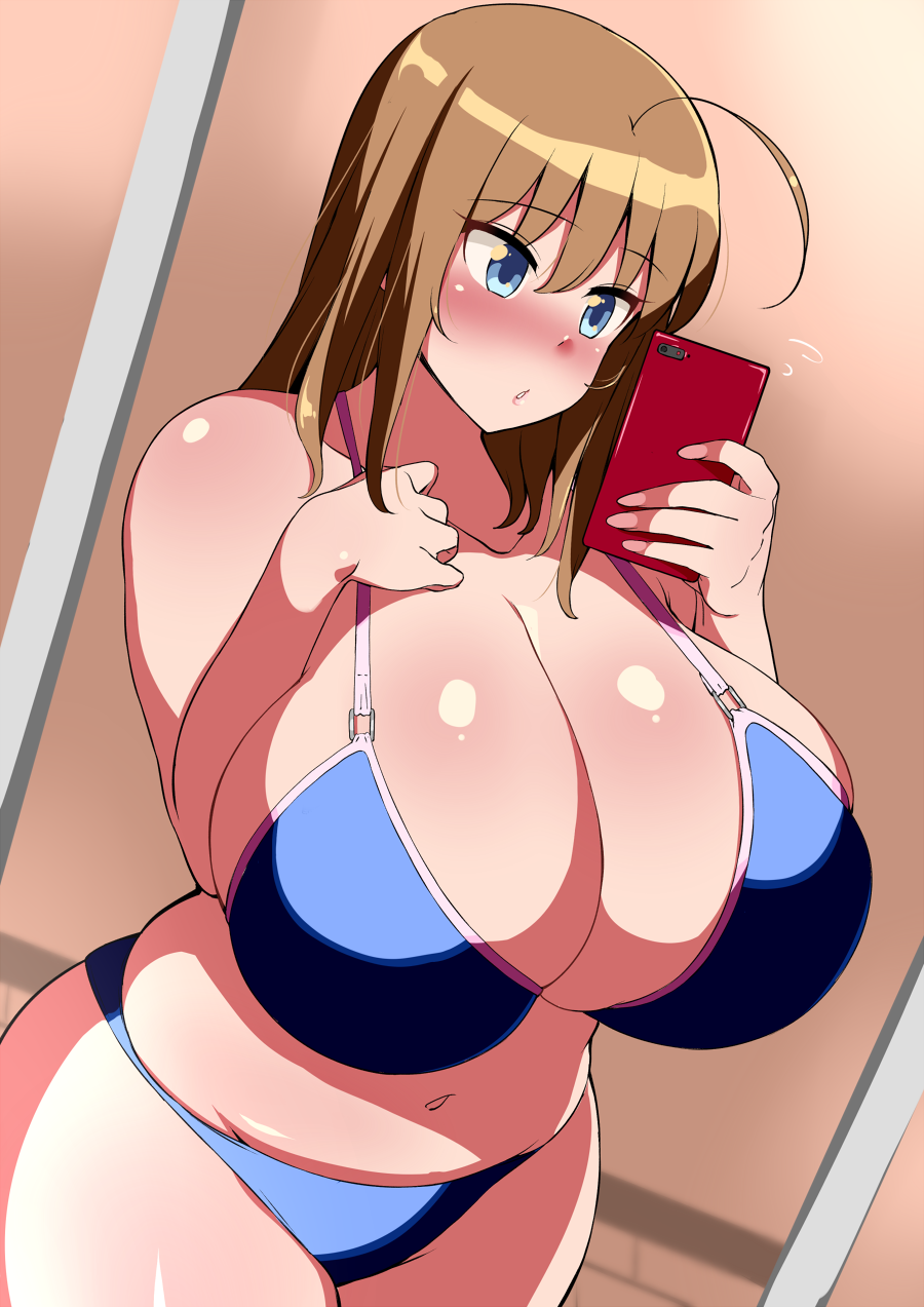 1girl, ahoge, bare_shoulders, belly, bikini, blue_bikini, blue_eyes, blush