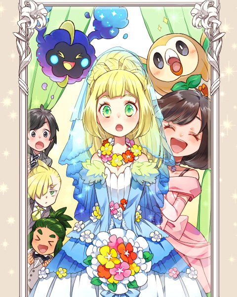 >_<, 2girls, 3boys, black_hair, blonde_hair, blush, bouquet, bridal_veil