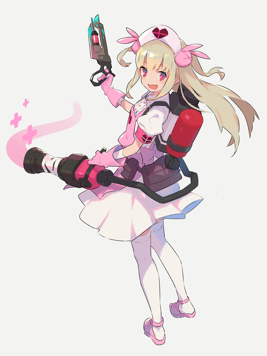1girl, belt_pouch, blonde_hair, fang, full_body, gloves, hat, highres, isu_(is15u), long_hair, looking_at_viewer, natori_sana, nurse, nurse_cap, open_mouth, pink_eyes, pouch, sana_channel, shoes, simple_background, solo, team_fortress_2, thigh-highs, trait_connection, virtual_youtuber, weapon, white_background, white_legwear