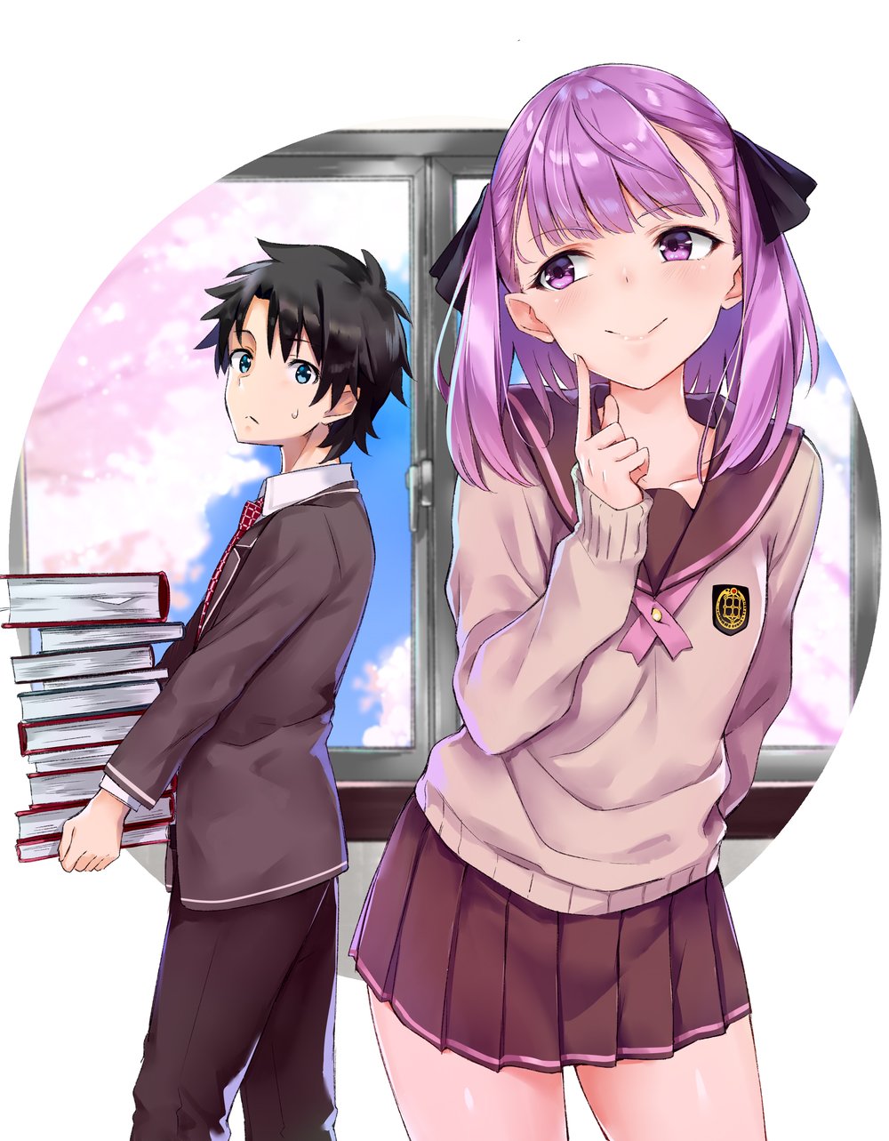 1boy, 1girl, aqua_eyes, black_hair, blazer, blush, book, book_stack