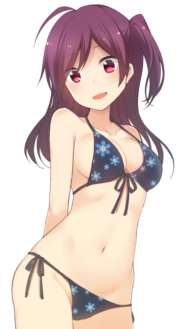 1girl, ahoge, arms_behind_back, bikini, black_bikini, breasts, cleavage, cowboy_shot