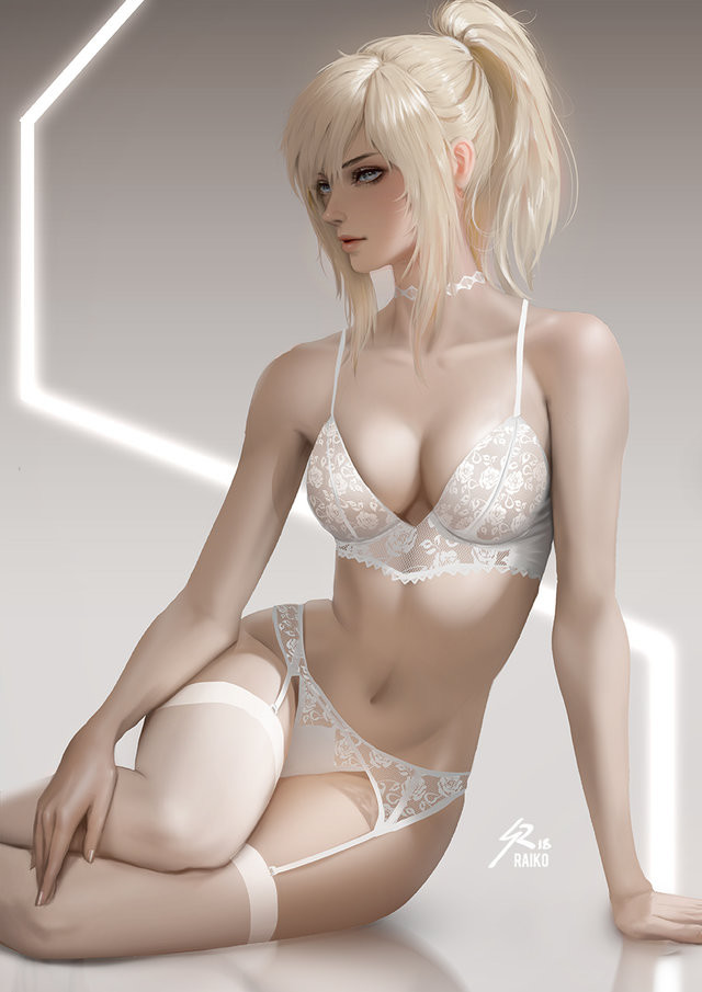 1girl, arm_support, blonde_hair, blue_eyes, bra, breasts, choker, cleavage